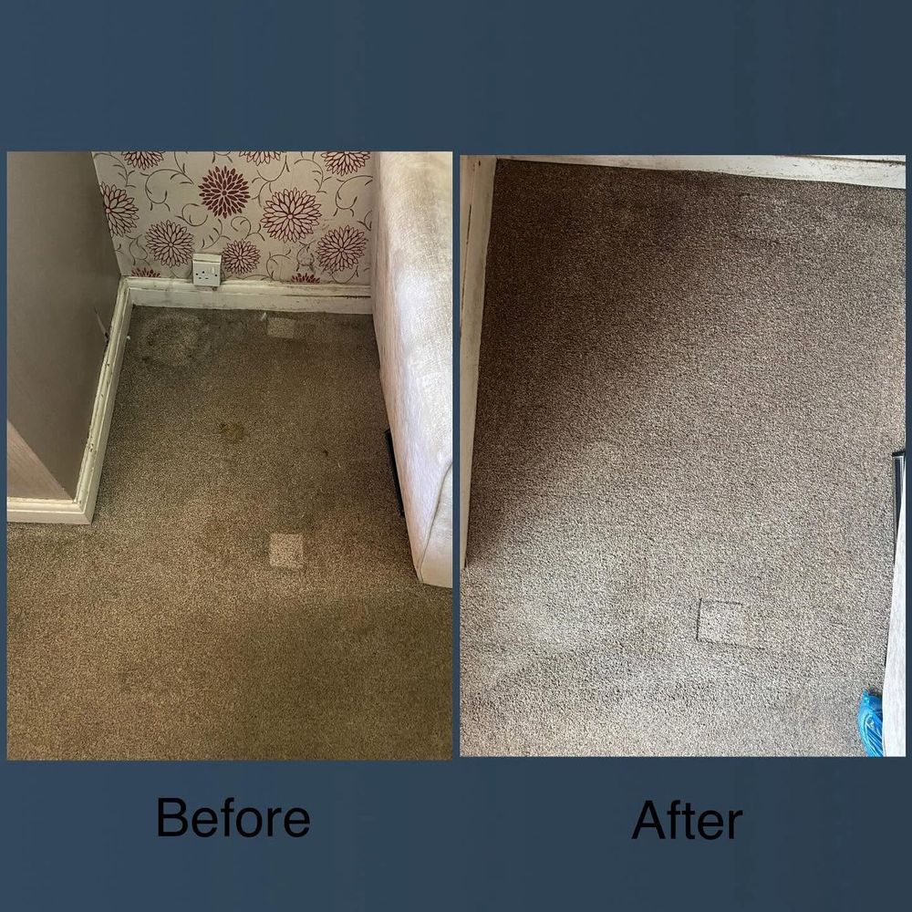 Before and after of a bedroom carpet professionally deep cleaned, showing stains lifted and the pile restored