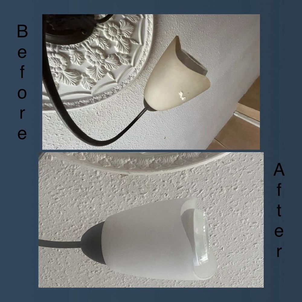 Before and after of a ceiling light fitting cleaned, with dust and grime removed