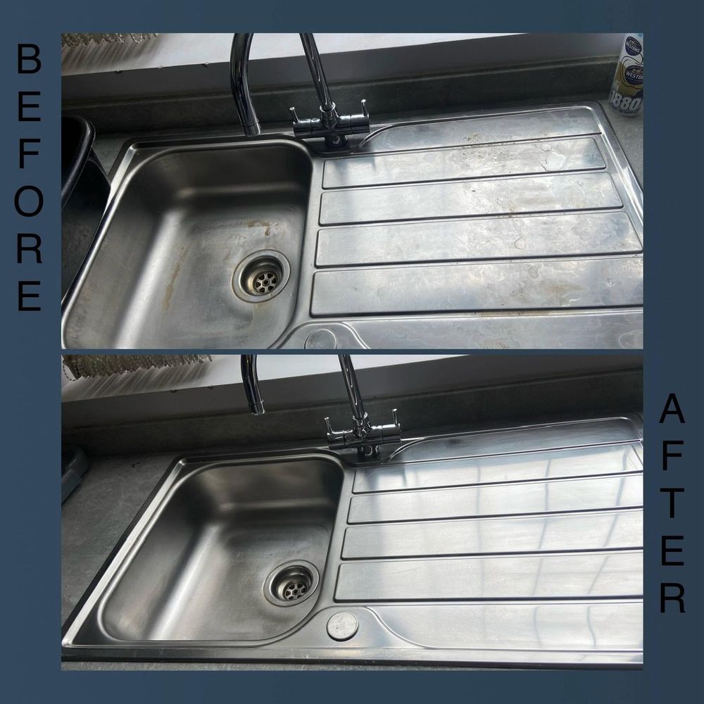 Before and after of a stainless steel kitchen sink and drainer deep cleaned and polished