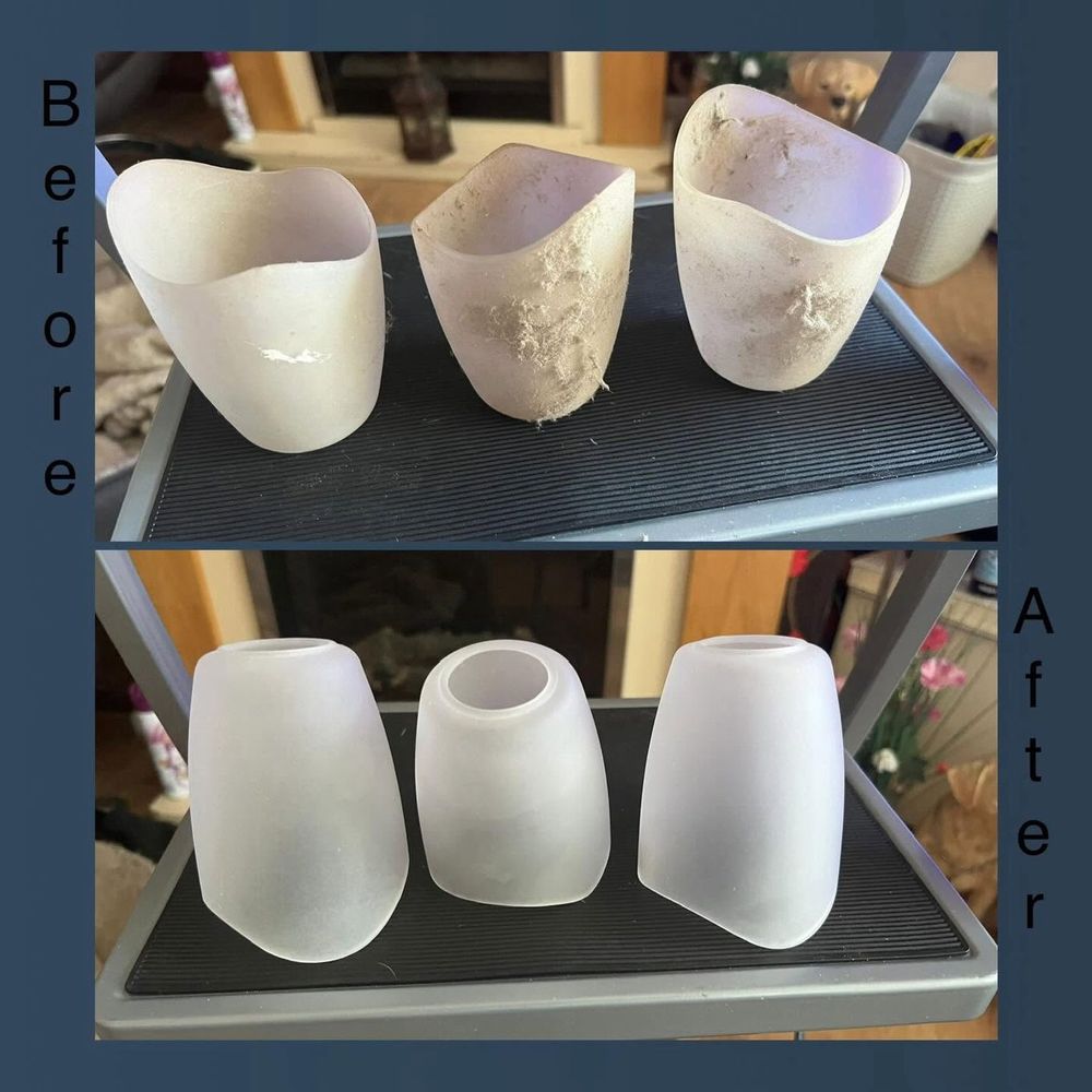 Before and after of light shades cleaned, with dust and staining removed
