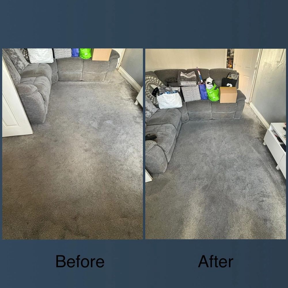 Before and after of a living room carpet deep cleaned by Dunn Cleaning, with traffic marks and staining lifted from the pile