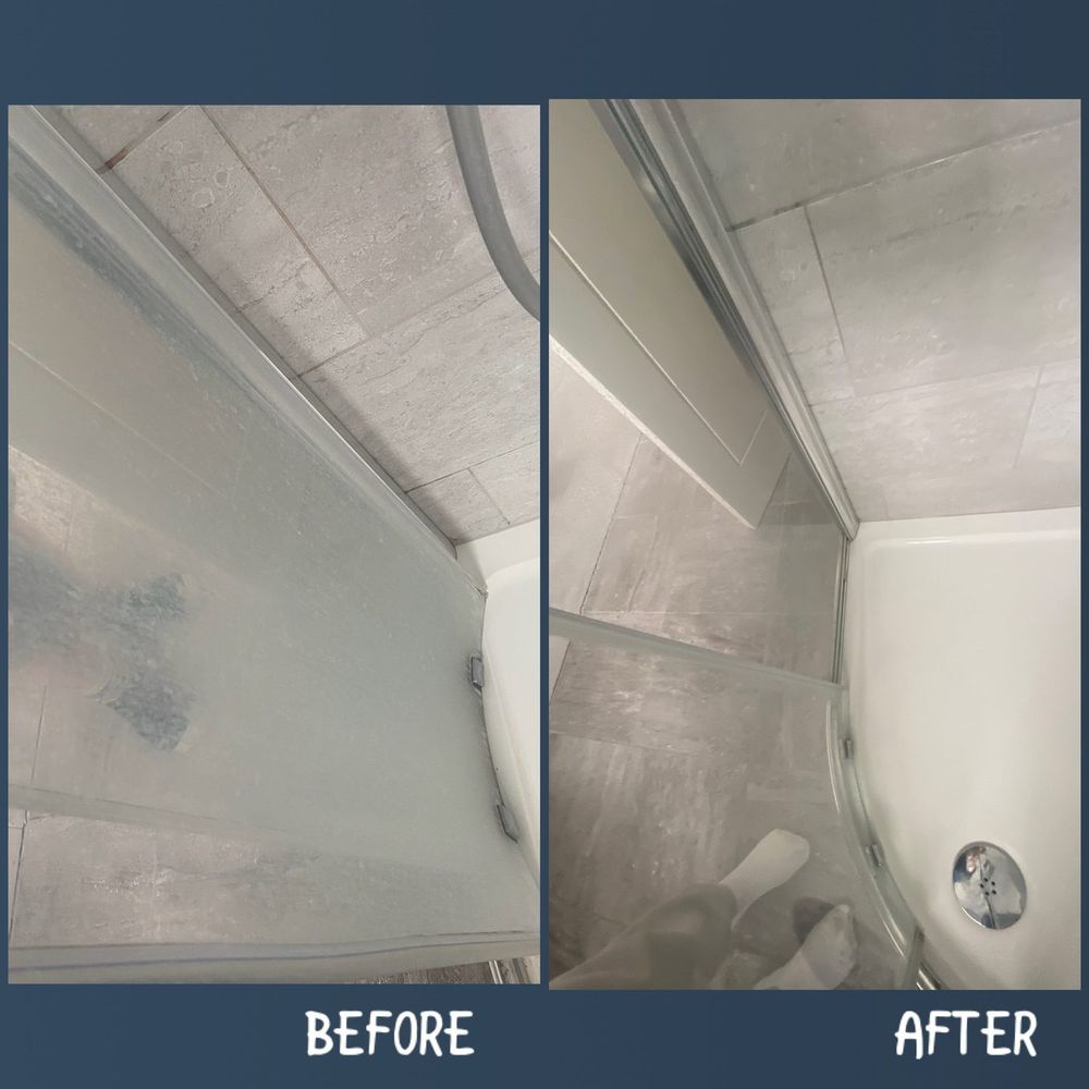 Before and after of a shower cubicle deep cleaned, with the glass screen and tray restored