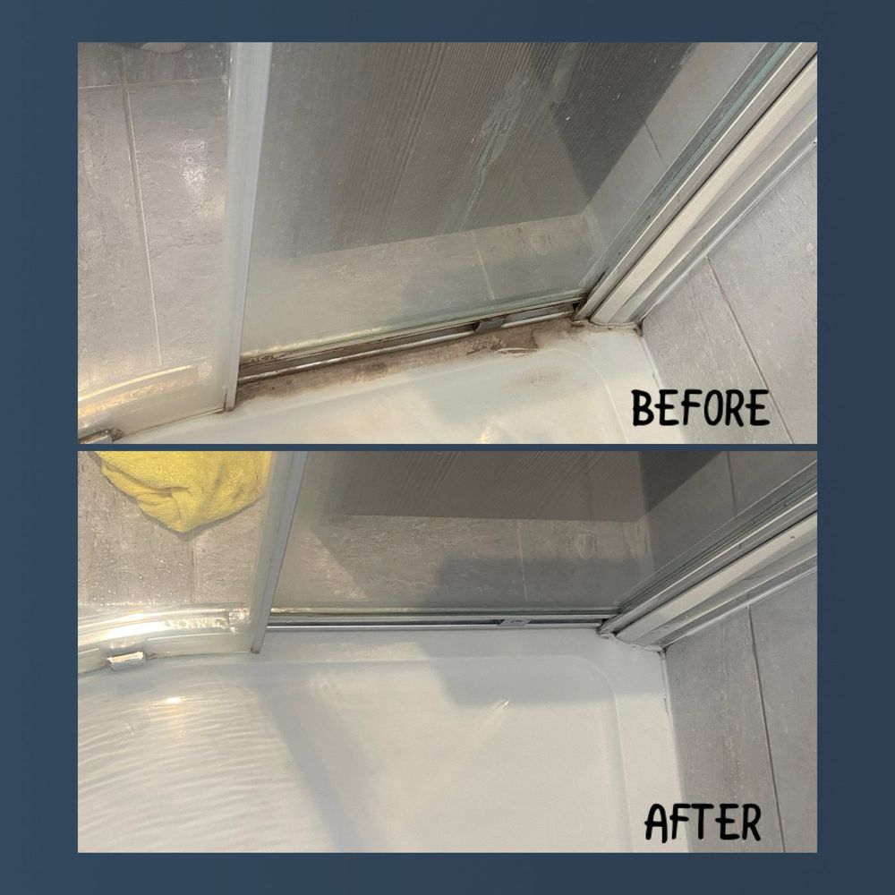 Before and after of a shower door track deep cleaned, with grime cleared from the runner