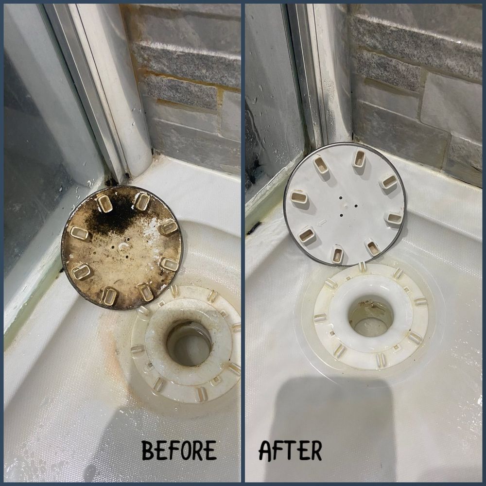 Before and after of a shower drain and tray deep cleaned, with built up residue removed