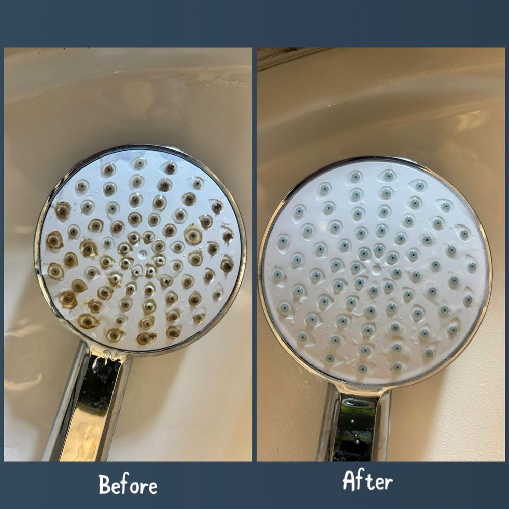 Before and after of a round shower head descaled, with limescale cleared from every jet