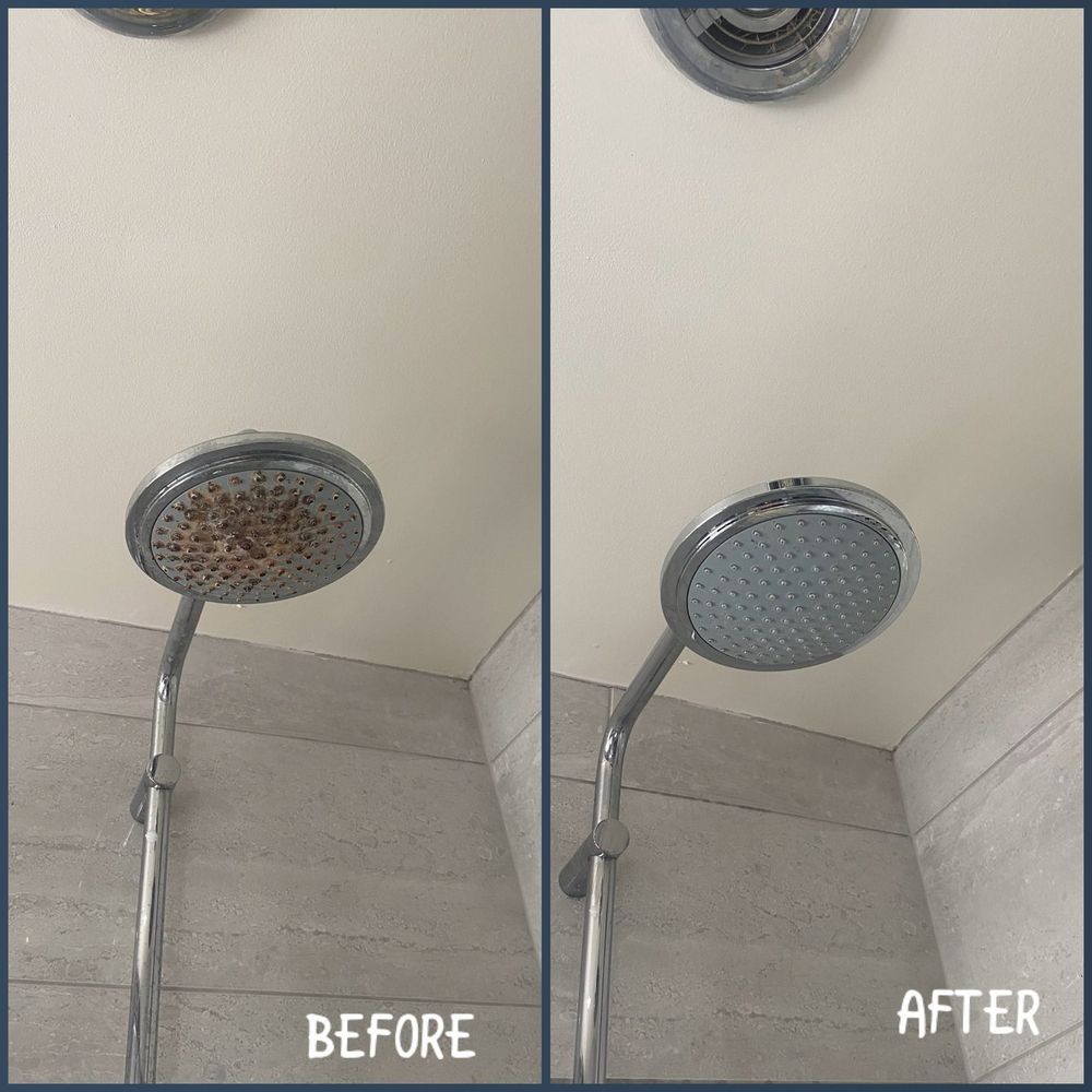 Before and after of a wall mounted shower head descaled and polished