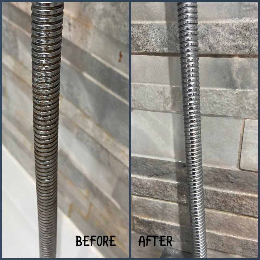 Before and after of a chrome shower hose descaled and polished back to a shine