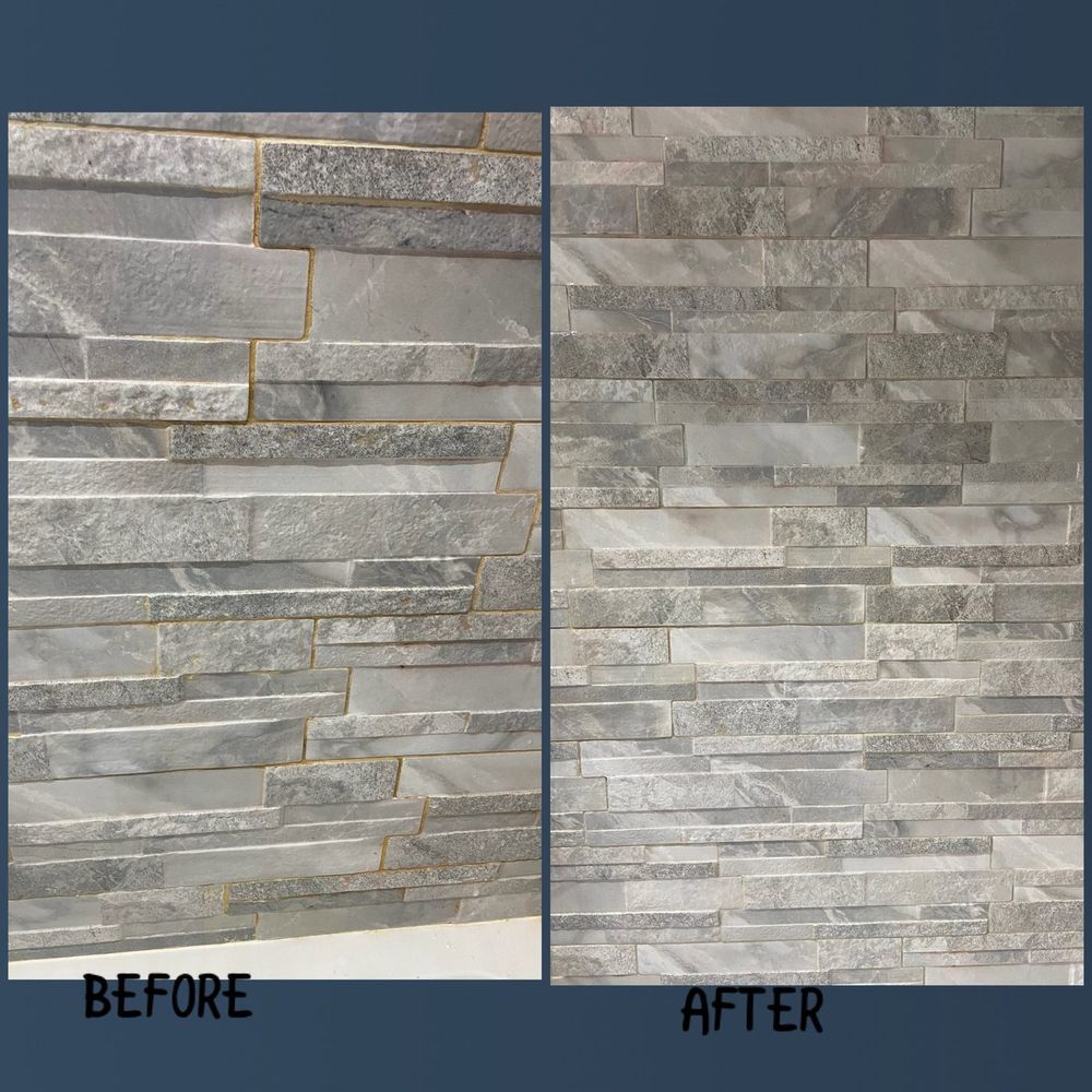 Before and after of shower wall tiles deep cleaned with the grout brightened