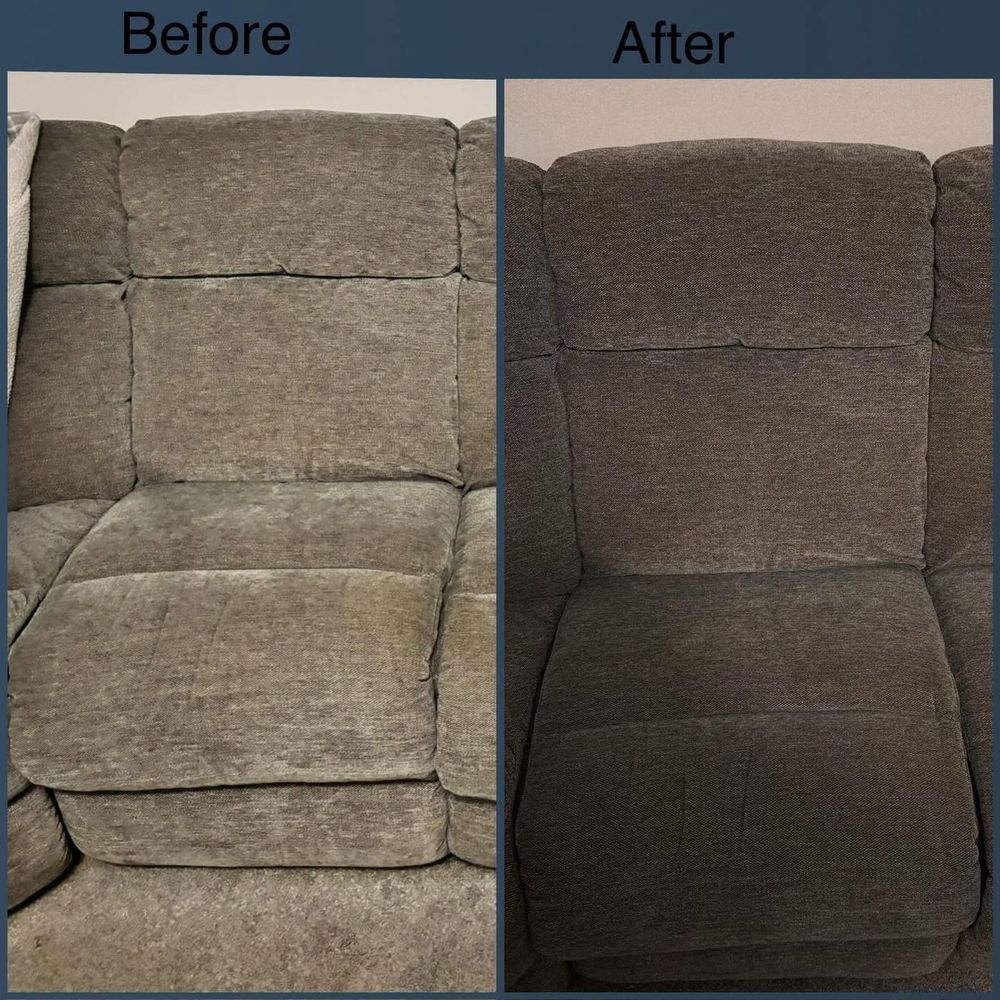 Before and after of a fabric recliner sofa deep cleaned, showing refreshed and evenly cleaned upholstery