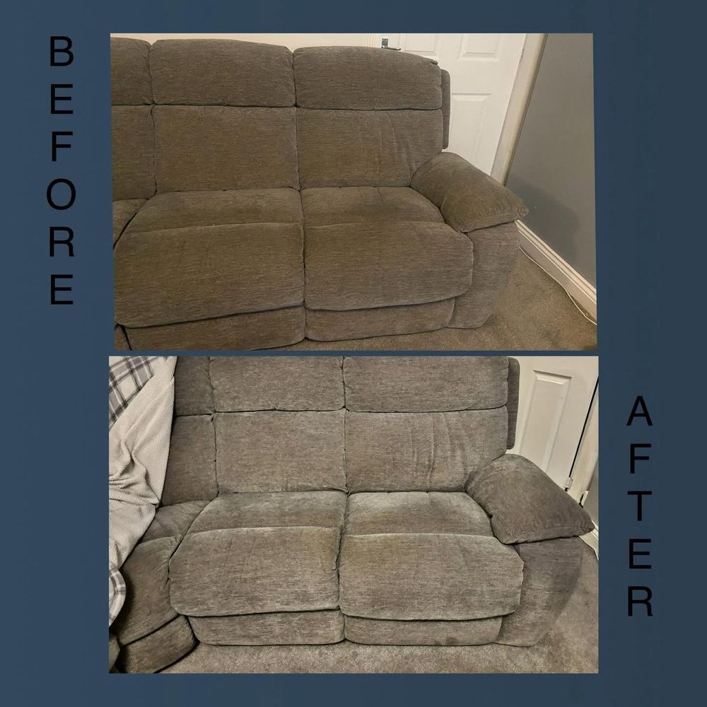 Before and after of a three seater fabric sofa deep cleaned and refreshed by Dunn Cleaning