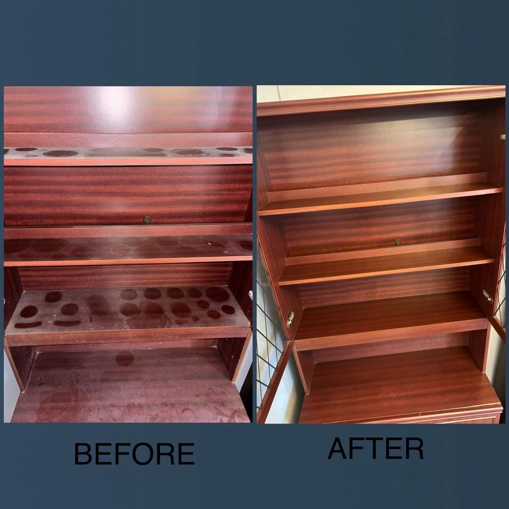 Before and after of a wooden shelving unit cleaned and polished